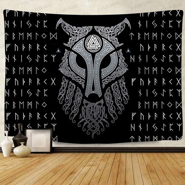 F-FUN SOUL Vikings Tapestry for Men Viking Wolf Tapestries 80x60inches Mysterious Meditation Psychedelic Runes Tapestry Wall Hanging Norse Tapestries for Living Room Bedroom GTLSFS7