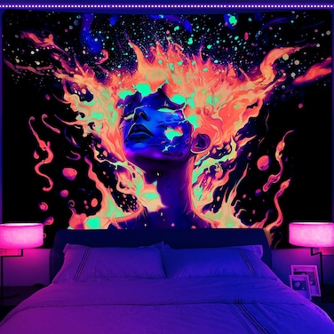 Uspring Blacklight Trippy Tapestry Fire Tapestry Wall Hanging Neon Girl Tapestry Glow in the Dark Tapestries Psychedelic Aesthetic Tapestry for Bedroom Home Dorm Decor (70.9 x 92.5inches)
