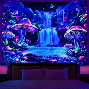Dermijer Blacklight Tapestry Fantasy Mushroom Forest Tapestry UV Reactive Waterfall Tapestry Moon Night Neon Flower Landscape Wall Hanging for Home Decor L78.7&Atilde;&mdash;W59.1