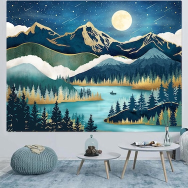 Accnicc Mountain Tapestry Nature Forest Tree Tapestries for Bedroom Aesthetic Starry Night Moon Stars Tapestrys Wall Hanging Teal Abstract Wall Tapestry for Dorm Living Room (Teal, 48'' &Atilde;&mdash; 36'')