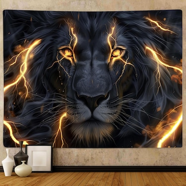 Sokdcam Cool Lion Tapestry Wall Hanging, Black and Gold African Lion Wild Animal Men Hippie Art Decor Tapestries, Wall Tapestries for living Room Bedroom Home Dormitory Decoration 60X40 Inch