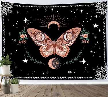 HVEST Pink Butterfly Wall Tapestry Black and White Mandala Tapestry Wall Hanging Green Leaf Plant and Floral with Stars Moon on Galaxy Space Tapestry for Bedroom Living Room Dorm, 40L X 60W inches