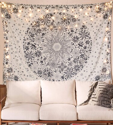 Neasow Bohemian Tapestry Wall Hanging, Beige White Floral Tapestry with Dotted Daisy Medallion Print Bedroom Boho Hippie Home Decor, 36&Atilde;&mdash;48 inches