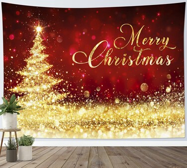 HVEST Christmas Tapestry Gold and Red Design Shiny Golden Yellow Christmas Tree on Red Sequin Background Tapestries for Christmas Eve Home Decor Bedroom Living Room Party Dorm Decor,60x40 inch