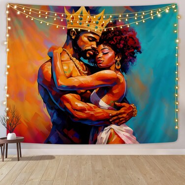 SARA NELL Black Couple Tapestry African American Lovers Couple Hugging Each Other Tapestries Blue Orange Painting Wall Art Hippie Bedroom Living Room Dorm Wall Hanging, 50X60 Inches