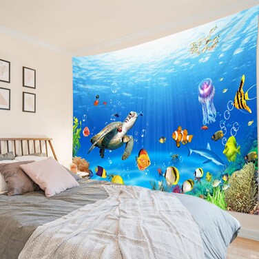 HVEST Sea Turtle Tapestry Tropical Fish Jellyfish and Coral Reef Under Blue Sea Wall Hanging Blanket Ocean Tapestries for Bedroom Living Room Dorm Decor,92.5Wx70.9H inches