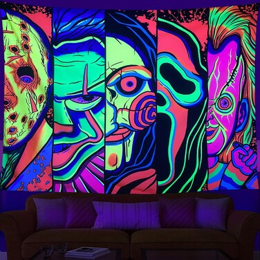 ARTCREATOR Black Light Art Halloween Wall Decor Trippy Blacklight Horror Face Tapestry, UV Reactive Tapestries Glow in The Dark Party Tapestry for Bedroom, Living Room (51" x 59")
