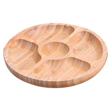 Divided Serving Tray, Bamboo Appetizer Party Platter with 5 Compartments For Serving Dishes, Serving Platters, Chip And Dip Tray, Veggie Tray, Or Taco, Round(8")