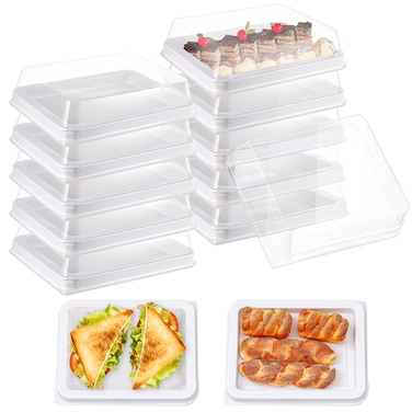 Tessco 12 Pcs Plastic Serving Trays with Lids Reusable Catering Trays with Lids 12.4 x 9.45 x 2.76 Inch Disposable Party Platters with Clear Lids for Cookie Sandwich Dessert(White)