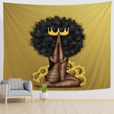 KOYI Black Women Prayer Pose Tapestry African American Women with Crown and Inspirational Quote Wall Tapestry Black Queen with Sunflower on Yellow Wall Hanging, Black Woman Gifts Ideas,50"x60