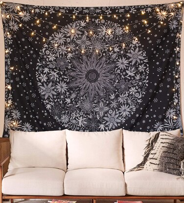 Neasow Bohemian Tapestry Wall Hanging, Black and White Floral Tapestry with Dotted Daisy Medallion Print Bedroom Boho Hippie Home Decor 36&Atilde;&mdash;48 inch