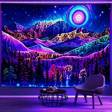 Psyhilar Blacklight Mountain Tapestry Wall Hanging, Black Light Posters for Adults and Teens, Forest Nature Landscape UV Sunset for Living Room (59" x 51")