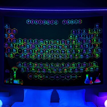 Torich Blacklight Periodic Table Tapestry,90x71 in Chemistry Elements Educational Tapestry,UV Reactive Scientific Periodic Symbol Table Wall Art Tapestry Wall Hanging for Bedroom Glows in the Dark