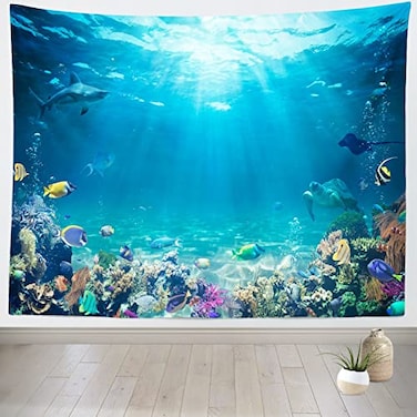 Loccor Underwater World Tapestry Blue Ocean Wall Hanging Under the Sea Coral Reef Wall Tapestry 80X60 Inches Tropical Fish Tank Undersea Tapestries Marine Wall Art for Bedroom Living Room Dorm Decor