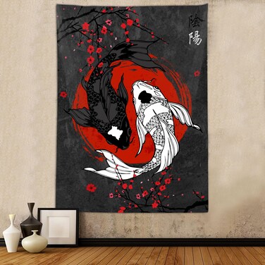 Japanese Yin Yang Koi Fish Tapestry, Cool Red and Black Anime Sakura Art Tapestries Vertical Wall Hanging for Bedroom Living Room Office Decor 60X80", Asian Cherry Blossoms Poster Blanket