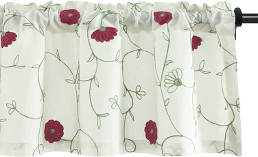 VOGOL White Valances for Small Windows Flowers Embroidered Window Valances for Kitchen Living Room, Rod Pocket, 52 x 18 Inches, Red Flowers, One Panel