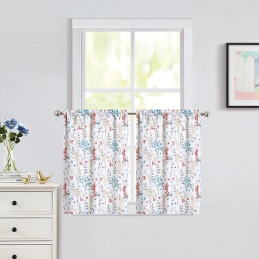 Blue Floral Print Tier Kitchen Curtains 24 Inches Long, Watercolor Cafe Curtains for Kitchen, Flower Bathroom Window Treatment, Rod Pocket Half Window Curtain, 28" W x 24" L, Multicolor, Set of 2