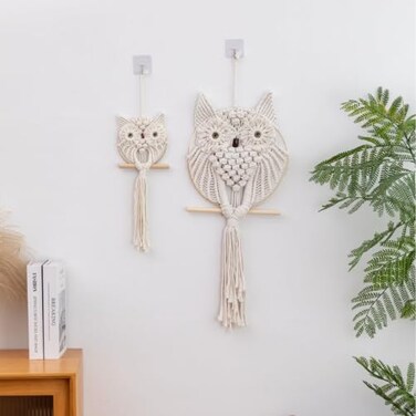SlenyuBridal Owl Macrame Wall Hanging, Bohemian Hand Woven Boho Tapestry Owl Macrame Wall Art Decor for Living Room Office Bedroom Home Decor 2PCS Large Small