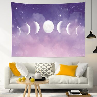 HVEST Moon Phase Tapestry Wall Hanging, Moon Phase and Stars with Cloud in the Purple Sky Background Tapestry, Pastel Nature Landscape Tapestry for Living Room Bedroom Aesthetic Decor, 60x40 Inches