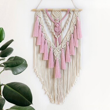 MEUNEAR Pink Macrame Wall Hanging Pink and Beige Woven Tapestry Boho Macrame Wall Decor Bohemian Decorations Macrame Wall Art for Bedroom Living Room Apartment Dorm Nursery Office Wall Decor