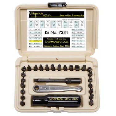 Chapman MFG 7331 All-Purpose Standard Screwdriver Set - Includes Phillips, SAE Allen Hex &amp; Slotted/Flathead Bits, Complete Set Offers 24 USA Made Insert Bits + Mini Ratchet Hand Tool (Desert Tan Case)