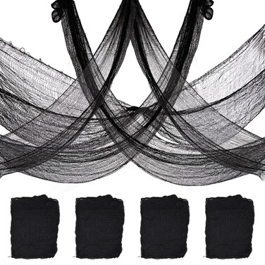 4 Pack Halloween Black Creepy Cloth, 30X120 Inch Black Scary Halloween Gauze Cloth, Spooky Cloth for Haunted House, Outdoor Patio, Garden, Indoor Wall Windows Black Cheesecloth, Halloween Decorations