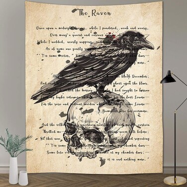 FEASRT The Raven Tapestry Edgar Allan Poe Poem Tapestry Gothic Skull Dictionary Tapestries Wall Hanging Background 60x80 Inches Living Room Bedroom Home Dorm GTQQAY1544