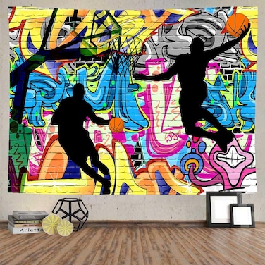 Ine Ive Basketball Sports Tapestry Nostalgic Graffiti Street Art Wall Backdrop 80x60 Inches Boys Basketball Shooting Silhouette Art Tapesrties for Bedroom Dorm Living Room Decoration