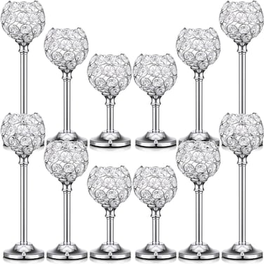 12 Pack Crystal Candle Holders Gold or Silver Candle Holders Bulk Decorative Tealight Candle Holder for Wedding, Party, Christmas Table Centerpieces Decoration (Silver)