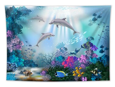 LB Funny Dolphin Tapestry Blue Sea Ocean Underwater Fish Coral Tapestry Marine Life Creature Tapestry Wall Hanging for Kids Children Bedroom Living Room Dorm Wall Art Home Decor 60x40 inch