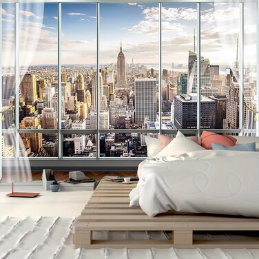 FENDROM New York Skyline Tapestry City Window View Sun White Clouds Buildings Business Center Art Wall Hanging for Living Room Dorm