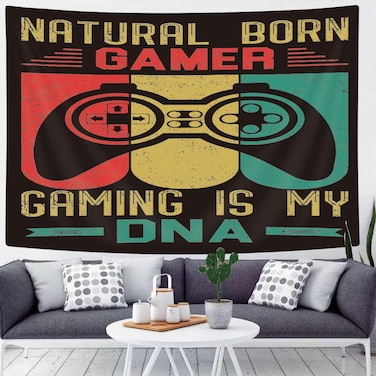 MERCHR Game Tapestry Wall Hanging, Black Background Gamer Label with Gamepad Print Wall Tapestry for Boys Bedroom Retro 80s Video Game Tapestries, Men's Gaming Room Livingroom Decor 60x40 Inches