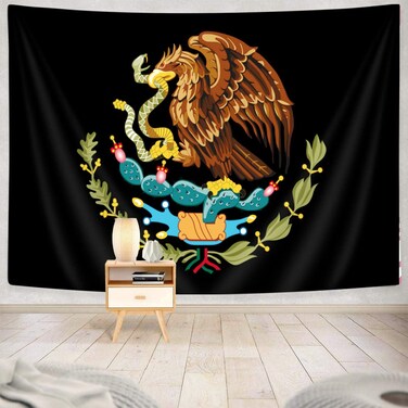 Mexican Flag Tapestry Wall Hanging, Cool Mexico Eagle of Arms Flag Home Wall Art Decor Cactus Snake Eagle Banner Black Backdrop Hippie Wall Tapestries for Bedroom Living Room Office