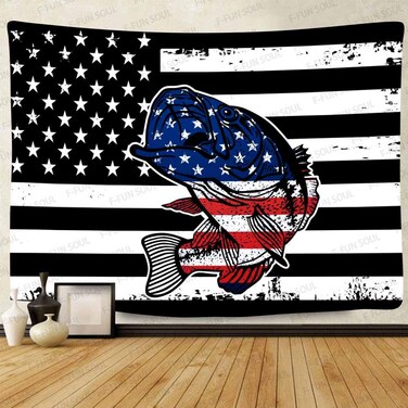 F-FUN SOUL Bass Fishing Tapestry, Large 80x60inches Soft Flannel, Hippie American Flag Casual Sports Wall Hanging Tapestries for Living Room Bedroom Decor GTZYFS1306