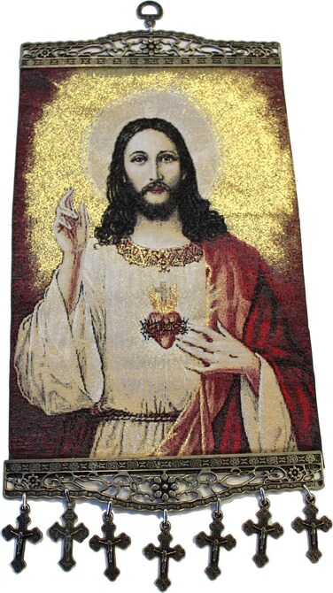 Holy Land Market Extra Large Wall Hanging Tapestry with Heat Printing on Synthetic Cloth Decorated (17.5 x 8 Inches) (Sacred Heart of Jesus)
