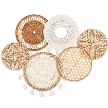 Nuenen Boho Wall Baskets Decor Set of 6 Flat Woven Basket Wall Hanging Decor Round Tassels Macrame Tapestry Wall Decor Art Rattan Wicker Seagrass Home Wall Baskets Decor(Classic Style)