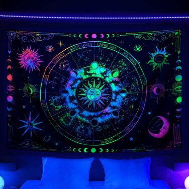 VEIGIKE Zodiac Astrology Blacklight Tapestry UV Reactive, Constellation Sun and Moon Stars Black Light Art Poster for Men Room Bedroom Decor, Psychedelic Glow in the Dark Blanket Party Decor 40"X30