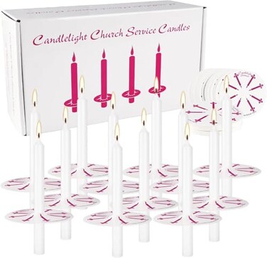 200 Pack White Unscented Taper Candle with Drip Protectors, Church Candles, Vigil Candles, Shabbat Candles, Prayer Candles, 5 Inch