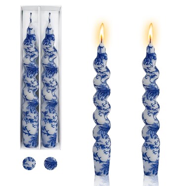 Gedengni Floral Taper Candle Spiral Candlesticks - Set of 2 Blue and White Handmade Twisted Candle Short Candle Sticks Print Tapered Candles for Home Party Wedding Dinner Party (2D2T-BLUWHT)