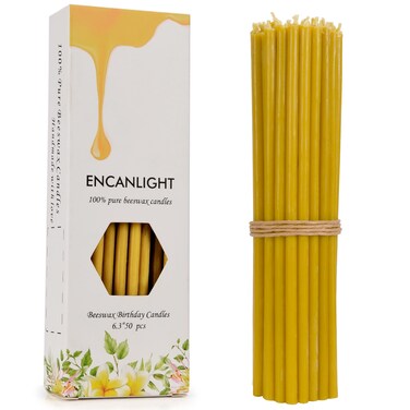 Pure Beeswax Candles, 6.3 Inch Nature Meditation Bee Waxs Candles 50pcs - 30min Burn Time - Dripless and Smokeless for Birthday Prayer Dinner Church Christmas Hanukkah