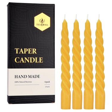 Beeswax Taper Candles Set of 4,Spiral Taper Candle Dripless Short Candle Sticks for Dinner Wedding Party Christmas Home Decorations - 7 Inch Tall - Yellow