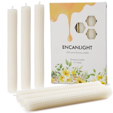Honeycomb Beeswax Taper Candles 8 Inch, 6 Pack Hand-Rolled Pure Bees Wax Candlesticks - Dripless, Smokeless and Dripless - 5 Hours Long Burning Time for Home Decor Party Wedding