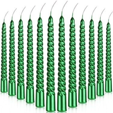 BBTO 12 Pcs Christmas Advent Spiral Candle Unscented Metallic Taper Candles Dripless Twist Candles Metallic Dinner Birthday Candle for Home Birthday Wedding Party Holiday Decor(8 Inch,Green)
