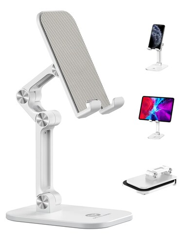 OCYCLONE Phone Stand, Adjustable Height and Angle Cell Phone Stand for Desk Foldable Holder, Taller iPhone Stand Compatible 4-11 Inch All Mobile Phone/iPad/Tablet - White