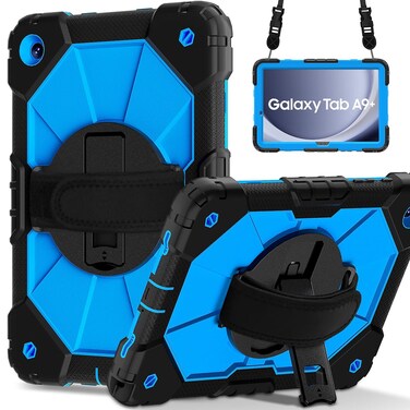 Meifei Case for Samsung Galaxy Tab A9+ 11 Inch 2023 (X210/X216/X218), Heavy Duty Shockproof Rugged 360 Rotating Hand Strap Protective Case for Galaxy Tab A9 Plus Tablet, Black+Blue
