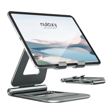 Nulaxy Aluminum Dual Foldable iPad Stand, Fully Adjustable Desktop Tablet Holder, iPad Accessories for Office Kindle Compatible with Mobile Devices iPad Pro/Air/Mini, iPhone Pro/Max/Plus, Gray