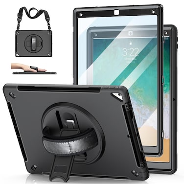 Case for iPad Pro 12.9 2nd Generation 2017 &amp; 2015 1st Generation, Heavy Duty Rugged TPU Protective Cover with Screen Protector- Stand + Handle Hand &amp; Shoulder Strap + Pencil Holder- Black