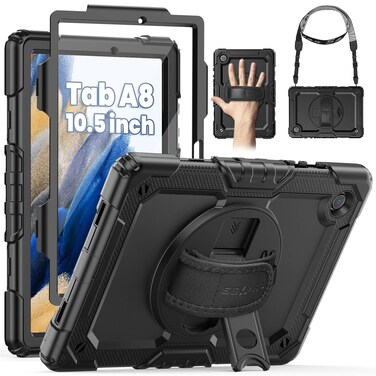 SEYMAC for Samsung Galaxy Tab A8 Case 10.5 Inch (SM-X200/ X205/ X207), Heavy Duty Full-Body Shockproof Protective Case with Screen Protector, Rotating Stand, Hand/Shoulder Strap and Pen Holder, Black