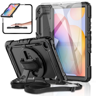 BASE MALL Case for Samsung Galaxy Tab S6 Lite Tablet Case 10.4 inch 2022/2020 [with Tempered Glass Screen Protector], Rotatable Kickstand, S Pen Holder, Hand/Shoulder Strap (Black)