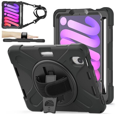ZenRich iPad Mini 7 Case (A17 Pro 2024), Heavy Duty Shockproof Rugged Case for iPad Mini 7th/6th Generation with Pencil Holder/Kickstand/Hand Strap/Carrying Shoulder Belt, Black